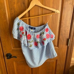 ☀️Summer Sale☀️ Blue and White Striped One Shoulder Top with Floral Design